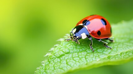 Fototapeta premium Ladybug crawling on a green leaf, representing the natural pest control provided by beneficial insects