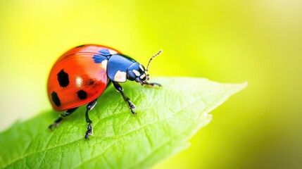 Fototapeta premium Ladybug crawling on a green leaf, representing the natural pest control provided by beneficial insects