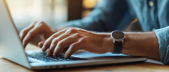 Obraz premium Close-up of a Man's Hand Typing on a Laptop Keyboard