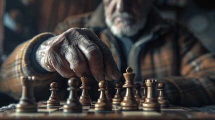 A person engaged in a strategic game of chess on a wooden table