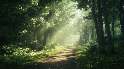Obraz premium Long, empty trail in a dense forest, with sunlight filtering through the canopy.
