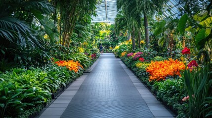 Naklejka premium Long, empty walkway through a vibrant botanical garden, showcasing plant varieties