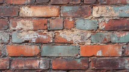 Obraz premium Old brick wall with weathered and chipped surfaces, conveying a sense of time and endurance.