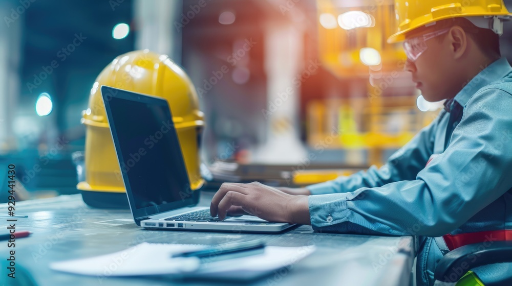 Poster a construction worker using a laptop in a work environment
