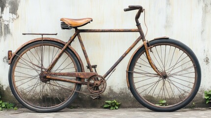 Old-fashioned bicycle with rusty spokes and a worn leather seat, evoking a sense of nostalgia and timeworn charm.