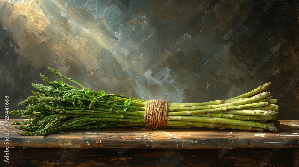 Poster fresh bundle of asparagus tied with twine, resting on a rustic wooden table with an artistic backgro