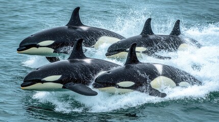 Fototapeta premium Orcas breaching the ocean surface in sync, representing the power and grace of marine predators.