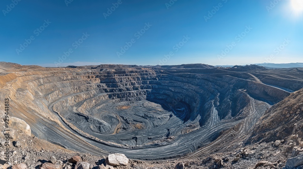 Poster panoramic view of a massive open-pit mine showing extraction and processing areas.