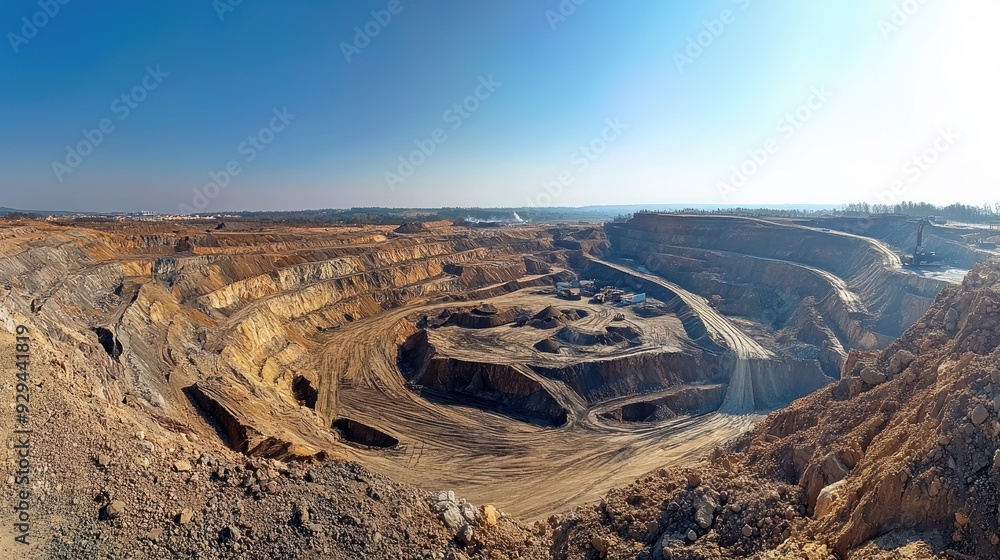 Poster panoramic view of a massive open-pit mine showing extraction and processing areas.