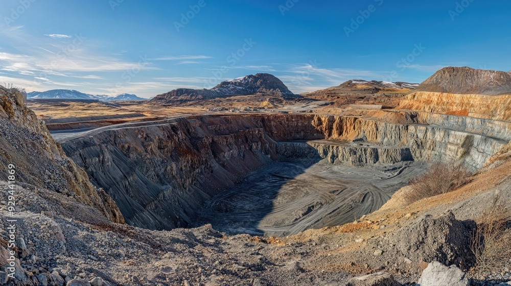 Poster panoramic view of a massive open-pit mine showing extraction and processing areas.