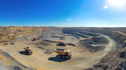 Panoramic view of a mine with conveyor belts, trucks, and mining pits