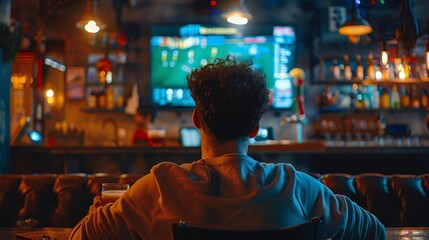 Fototapeta premium A person watching a sports game in a lively bar setting.