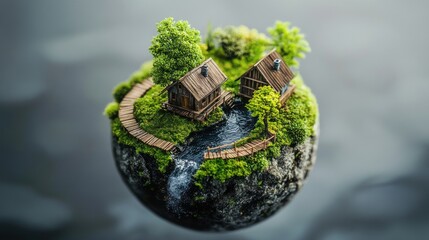 Miniature World: A Tiny Earth with Houses and a Creek