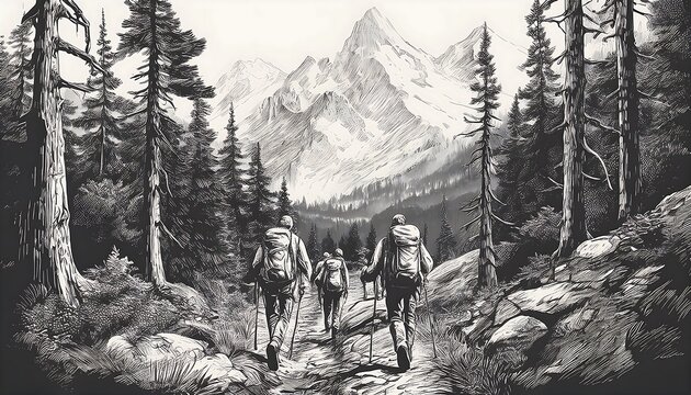 Engraved Wilderness Expedition - A classic engraving-style illustration of a small group of hikers on a hiking trail and mountains and forest around. Monochrome Graphic art illustration