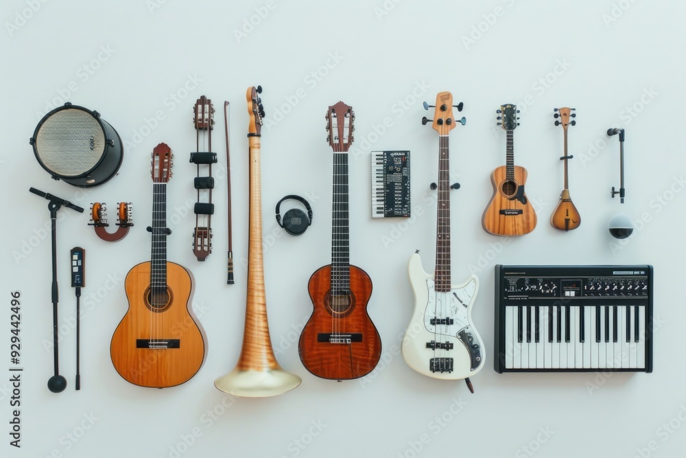 Aufkleber A collection of various musical instruments placed on a clean white surface, ideal for use in presentations or educational settings