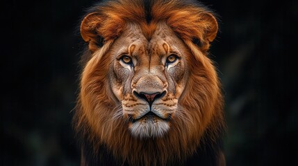 majestic lion portrait closeup of fierce lion face emerging from darkness mane backlit eyes...