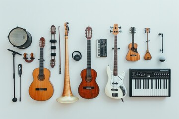 Fototapeta premium A collection of various musical instruments placed on a clean white surface, ideal for use in presentations or educational settings
