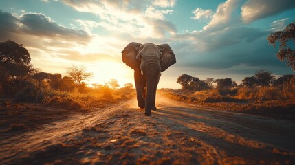 African Elephant Walking Towards the Sunset