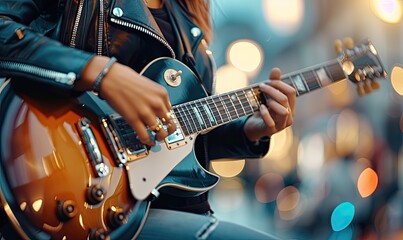Obraz premium Female Street Musician Playing Guitar in Urban Setting