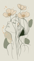 Minimalist line art illustration of an elegant woman with flowers, in a beige aesthetic, with simple lines and soft colors 