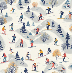 pattern with illustrations of skiers and snowboarders on a background and mountain landscape . The illustration a cartoon style with characters depicted in winter activities