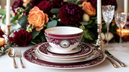 Fototapeta premium A table setting with a cup and saucer, plates and napkins, AI