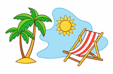 Beach chair with sun and palm trees stock illustration