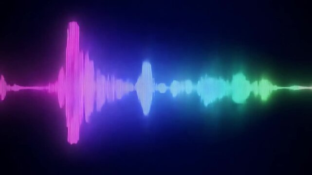 Colorful sound waves display vibrant peaks and valleys, illustrating audio frequencies in shades of pink, blue, and green against a dark background.