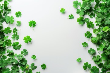 Fototapeta premium A cluster of rare four-leaf clovers on a white surface, ideal for use in designs related to good luck and prosperity