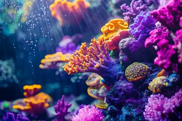 Obraz premium Colorful corals thrive beneath the ocean surface, illuminated by rays of sunlight in a vibrant marine environment. Generative AI