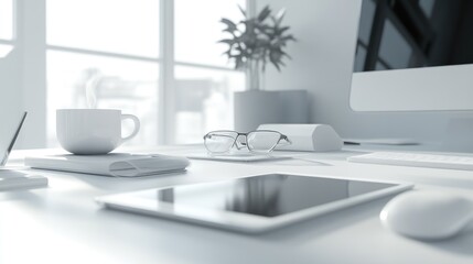 Minimalist office desk with sleek tech gadgets and a cup of coffee