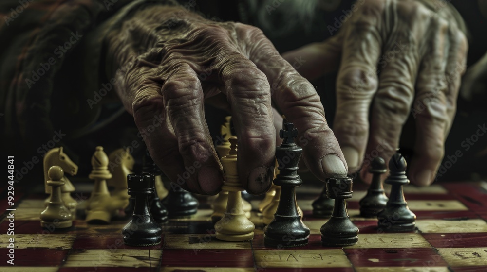 Poster A close-up of an elderly person playing chess using their hands, no board or pieces visible