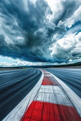 A striped runway under a cloudy sky, perfect for aviation or sports themes