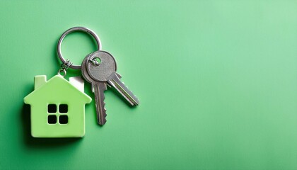House keys with a keychain in the shape of a house on a plain green background