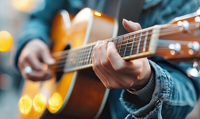 Female Street Musician Playing Guitar in Urban Setting