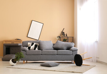 Interior of damaged living room after earthquake
