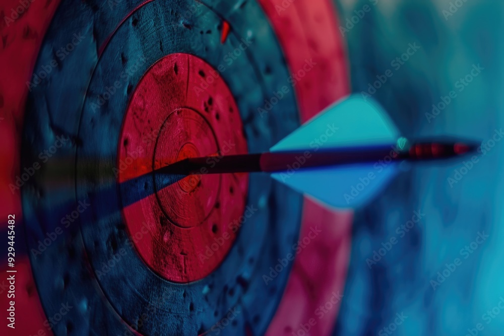Poster a target with a red and blue color scheme featuring an arrow, great for illustration of goals and ta