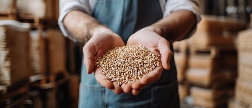 Ingredients for beer at factory, favorite job and startup. Millennial owner worker in apron holds wheat or barley in hands and inhales aroma of grains, in warehouse