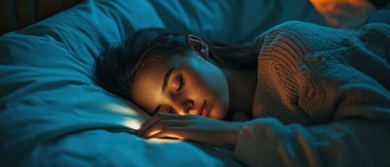 Woman Sleeping Peacefully in Bed with Blue Sheets