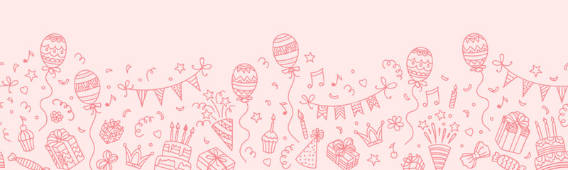 Birthday party background with gifts, cake and balloons in doodle line sketch, cartoon vector. Birthday party pink background with line icons of popper cone, confetti and firecrackers with candies