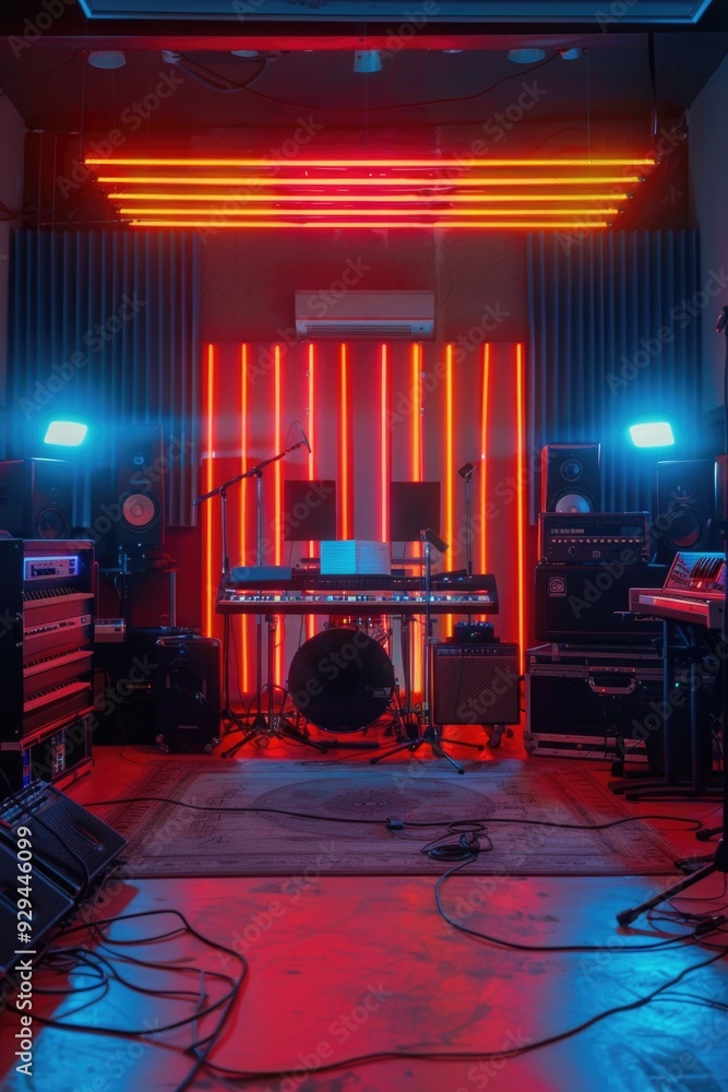 Aufkleber a room filled with various music instruments and equipment, ideal for use in music production or as 