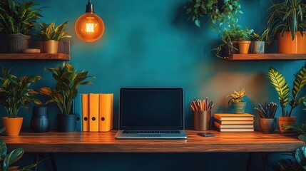 modern study setup with sleek laptop centered on wooden desk surrounded by neatly stacked colorful textbooks warm ambient lighting minimalist composition