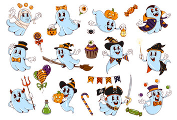 Cartoon retro groovy Halloween ghost characters with cute trick or treat night holiday costumes. Halloween boo ghost, phantom or spirit monsters vector personages with pumpkins, witch and pirate hats