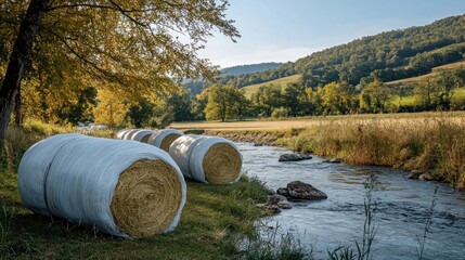 Fototapeta premium Hay Bales by the River