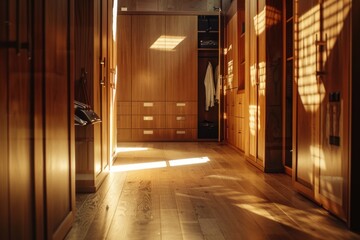 A hallway with wooden cabinets and floor, perfect for home or office use