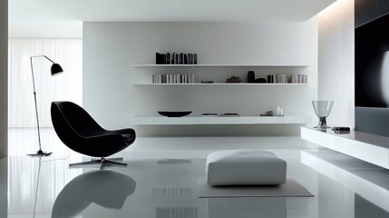Minimalist living room with floating shelves and a single armchair