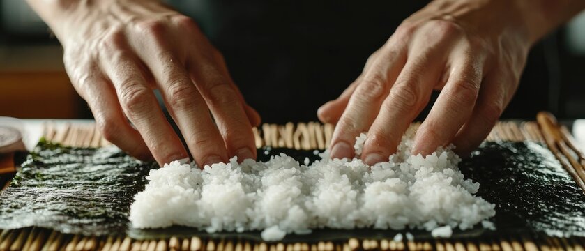 Process of preparing rolling sushi. Nori and white rice. Chef's hands touch rice. Chef starts cooking sushi