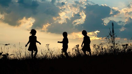 Fototapeta premium Children walking in a grassy field, great for back to school or outdoor adventure concepts