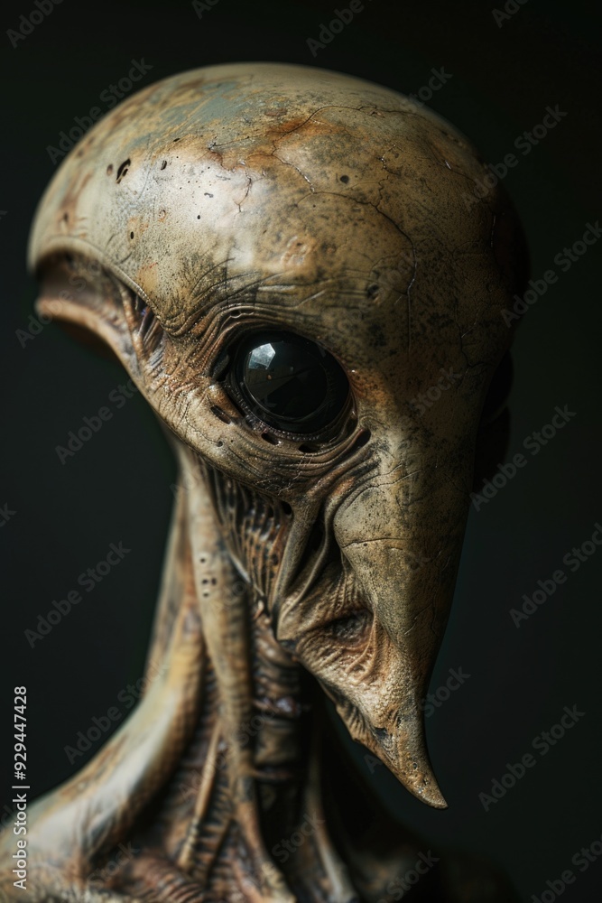 Poster a detailed view of an extraterrestrial being's face, perfect for sci-fi or futuristic concepts