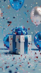 silver gift party box with blue ribbon bow on background with balloons, confetti.Space for text,party concept or birthday celebration